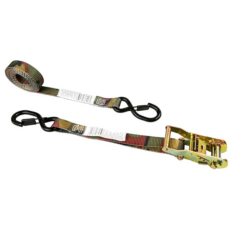 Strap Ratchet Seastán Crann Camo 1 X 8' le S-Hook Vinyl-Brataithe agus Coimeádán